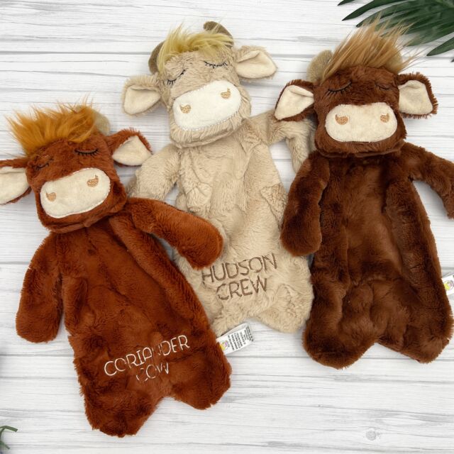 The Highland cow loveys are still extra popular. And These three cuties are headed to their forever home. ✈️🏠 

Which color is your favorite? Rust orange, blonde or dark rust? 

#babylovey #babygifts #highlandcows #personalizedgifts #highlandcow #highlandcowlove #newbabygift #lovey #personalizedlovey