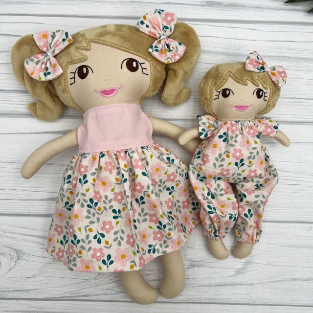 Matching matching for these two sister dolls 🥰 
The perfect gift for a new big sister. 

#fabricdolls
#customdoll
#clothdoll
#heirloomdoll
#stuffedoll
#bespokedoll
#customdoll
#customgift 
#dollsforsale
#daughterlove
#momlife
#mylittlegirl
#myprincess